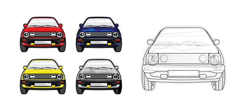 vector set of sedan cars with various colors and car sketches