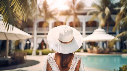 Woman wearing straw beach hat standing inside a luxurious exotic tropical resort. Generative AI