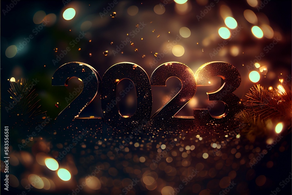 Sticker New Year 2023 background with fireworks bokeh light and the lett