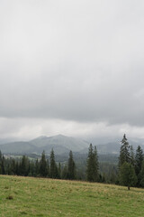 Picturesque view of mountain hill, forest, sky and clouds. Scenic nature landscape. Summer vacation travel