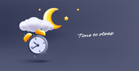 Crescent, stars, clouds, clock symbolizes moon in dark blue sky, 3d render illustration, render 3d style