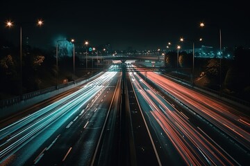 Fototapeta na wymiar Light Trails On Highway At Night, Generative AI