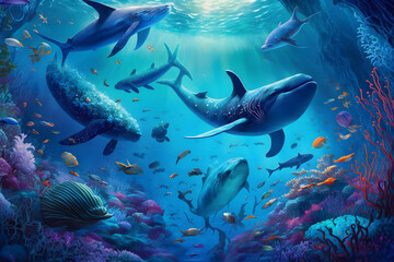Naklejka na ściany i meble Underwater world with whales and fishes. Generative AI