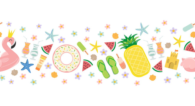  Bright seamless horizontal pattern with summer beach elements: flamingo and pineapple inflatable circle, ice cream, starfish, slippers, watermelon slices and cocktails. Flat style vector image.
