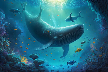 Obraz premium Underwater world with whales and fishes. Generative AI