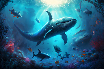 Obraz premium Underwater world with whales and fishes. Generative AI