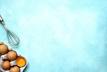 Culinary background with ingredients and props for baking. Top view with copy space.