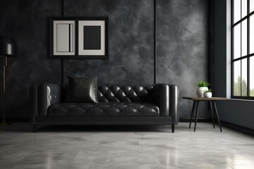 Black sofa in a minimalist modern living room background. Generative AI