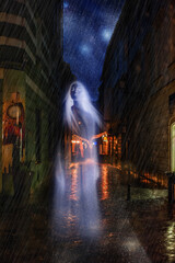 fairy tale cityscape under heavy rain on the stone pavement in old town at night
