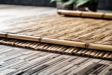 Bamboo mat on a wooden table with a background of textured white walls. Generative AI