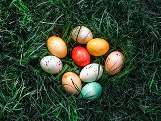 Farbige Ostereier in grünem Gras