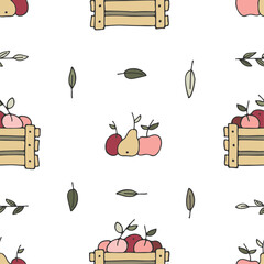 Colored seamless pattern with fruits and leaves. Doodle style. Hand drawn illustration. Vector