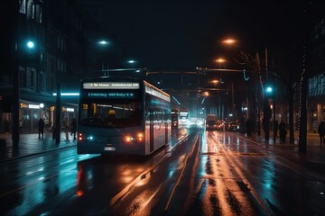 Fototapeta na wymiar Long Exposure Image Of Traffic Lights In The City At Night. Bus With Light Trail, Generative AI