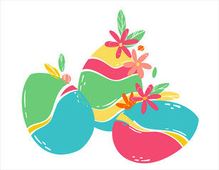 Spring decorated eggs for Easter. Bright colored eggs with flowers and leaves. Flat vector illustration for concept design. Greeting card layout.