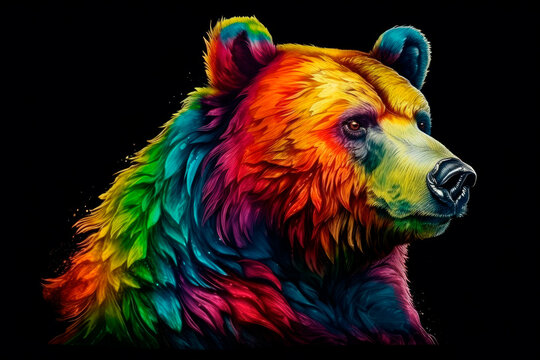 Bright dangerous bear with colorful fur with the colors of LGBT or gay flag looking away isolated on black background, generative ai. Concept of gay bear.