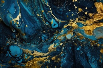 Fototapeta na wymiar Luxury wallpaper. Blue marble and gold abstract background texture. Indigo ocean blue marbling with natural luxury style swirls of marble and gold powder. , Generative AI