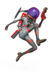alien girl astronaut is holding a gun and jumping in action