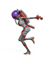 alien girl astronaut is holding a gun and running side view