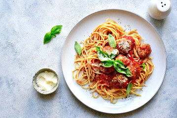 Pasta spaghetti with meat ball in tomato sauce . Top view.