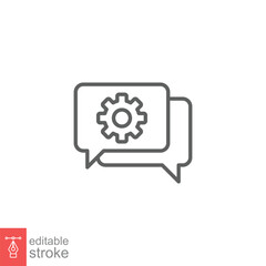 Settings chat icon. Simple outline style. Speech bubble with gear configuration. Thin line symbol. Dialog balloon and cog wheel. Vector illustration design on white background. Editable stroke EPS 10.
