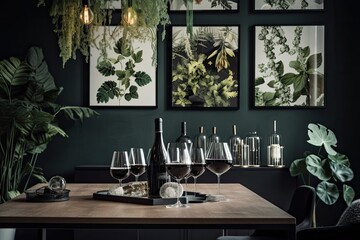 Black dishes, wine glasses, and green plants decorate the elegant dining table. Generative AI