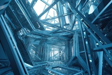 Wide angle abstract background view of steel light blue high ris, Generative AI