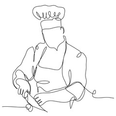 The chef cuts the ingredients in one line on a white background. Stock vector illustration of professional cooking delicious food. The concept of a gourmet and a talented chef.