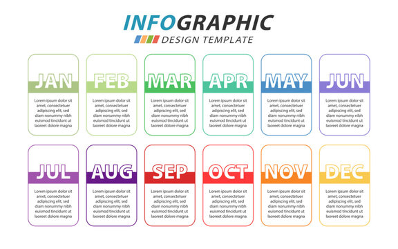 Infographic design template, Timeline diagram calendar 12 months, 12 options or steps template, presentation. Vector illustration.