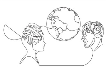 two human profiles.Planet earth in middle. Vector illustration.