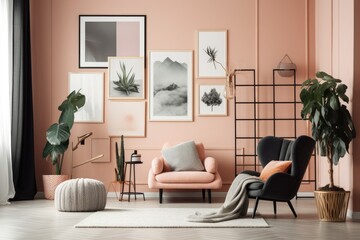 Monochrome interior modern living room with one chair and plants, wall mockup with six frames in a solid flat pastel orange pinkish tint, exhibit wall. Generative AI