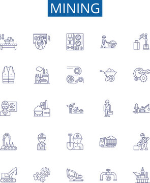 Mining line icons signs set. Design collection of Extracting, Digging, Unearthing, Uncovering, Drilling, Essaying, Quarrying, Panning outline concept vector illustrations