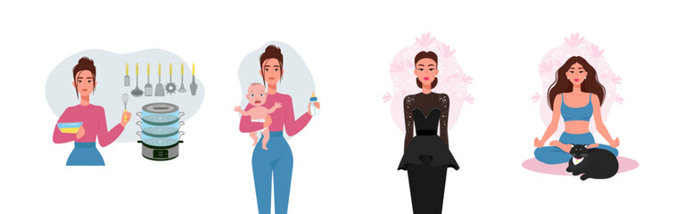 Childfree concept, Woman tired of housework and baby care. A beautiful and well-groomed woman in harmony with herself. Vector flat illustration.