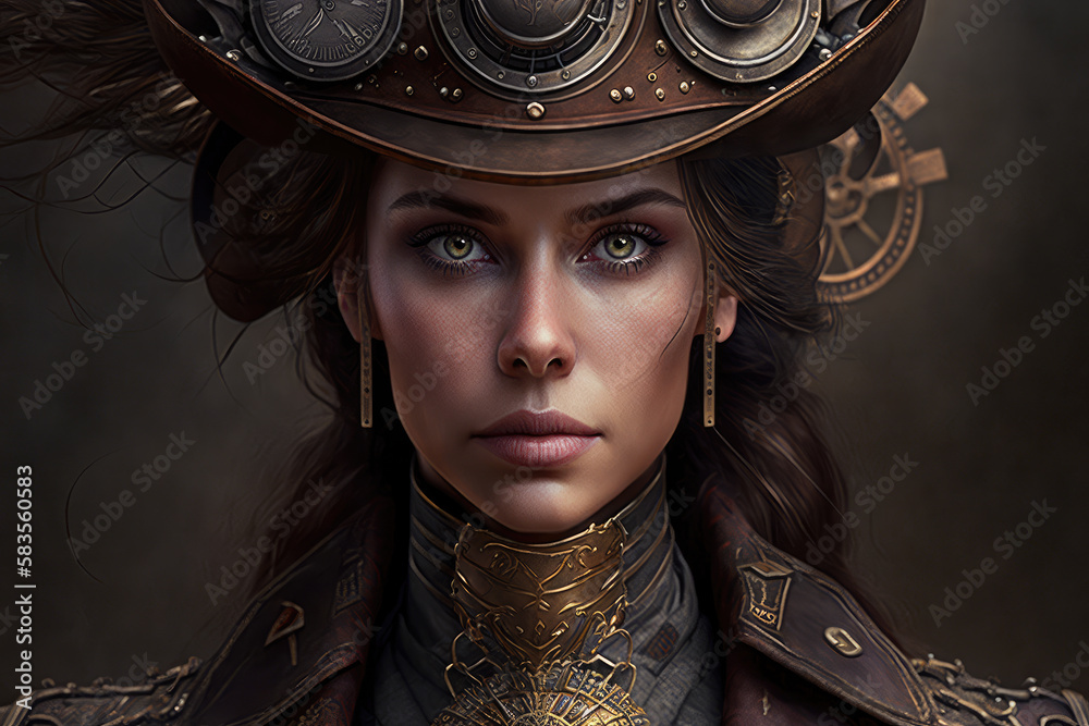 Wall mural Portrait of an attractive steampunk style woman on a dark background. Created with Generative AI, no one recognisable. Not a real person.