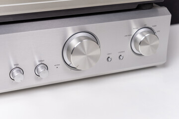 closeup view on vintage stereo audio amplifier