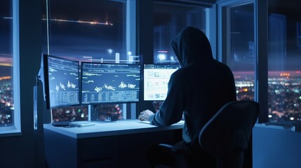 Hacker using computer in dark office with night city view at background, Generative AI