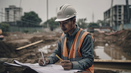 Fototapeta na wymiar Engineer or Architect working on blueprint at construction site. Engineering concept. Generative AI