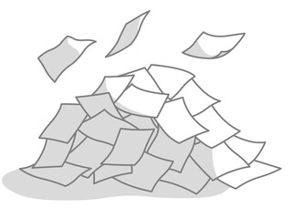 A pile of chaotic piles of fluttering papers and documents gray line shaded