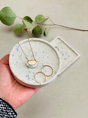 Jesmonite terrazzo stylish decorative trays with golden jewellery 