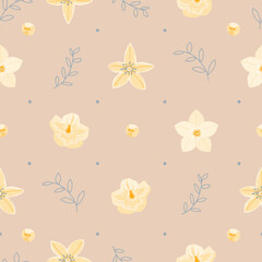 Hellebore flowers pastel seamless pattern. Winter rose. Season floral Vector illustration for greeting card, fabric, wallpaper or wrapping paper