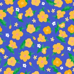Fotobehang Cute buttercup ranunculus flowers seamless pattern on blue background. Ditsy Spring Floral background for fashion prints, greeting card, fabric, wallpaper or wrapping paper © smile_flower