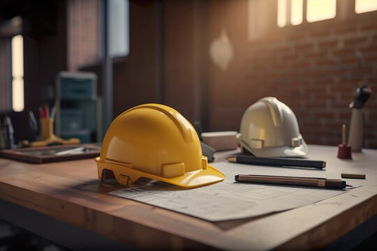 Safety helmet and the blueprint on desks at construction site , Start up plan new project contract engineering  in office center , Generate Ai