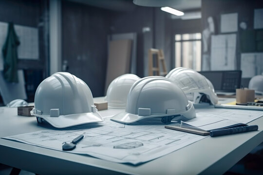 Safety helmet and the blueprint on desks at construction site , Start up plan new project contract engineering  in office center , Generate Ai