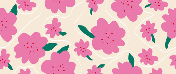 Vector seamless background. Pink abstract flowers on a light background with green leaves. Modern fashion print. Perfect for textile design, backgrounds, screensavers, posters, cards and invitations.