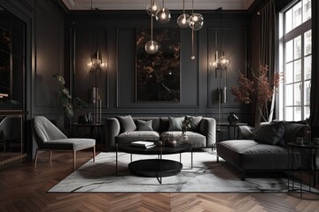 Living room interior design in a contemporary classic style with gray furniture, black marble, and black steel textures. Generative AI
