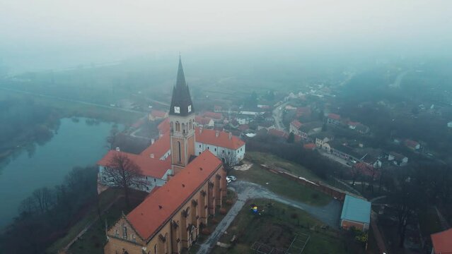 Aerial view of a church in Croatia on cold winter day