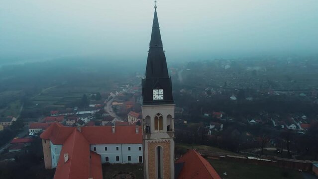 Aerial view of a church in Croatia on cold winter day
