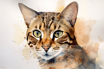 Ginger cat looking up, watercolor drawing on white background, AI generative