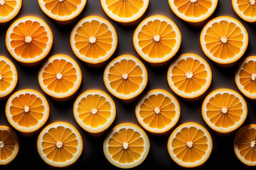 Orange fruit slices on dark background, view top. A black and orange fruity texture. Generative AI