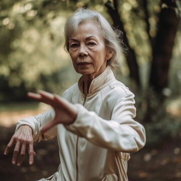 Woman In Her Sixties Doing Tai Chi Chuan In A Park