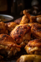 Mix of baked chicken pieces. (ai generative)